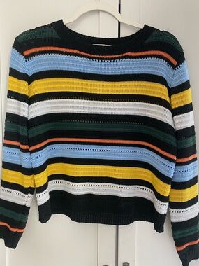 Woven Heart Striped Crewneck Sweater in Black, Yellow & Blue